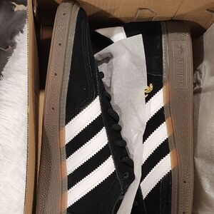 Adidas Men's Black and White Sneakers with Brown Sole